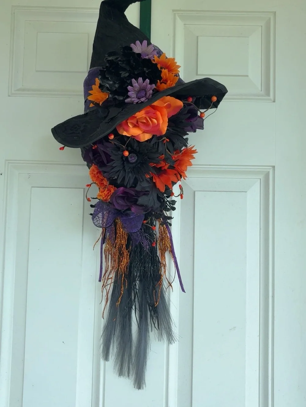 Halloween Witch Hat Door Wreath with Black, Orange & Purple Flowers